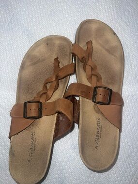 A. Giannetti Women's Tan Braided Leather Slide Sandals with Buckle
